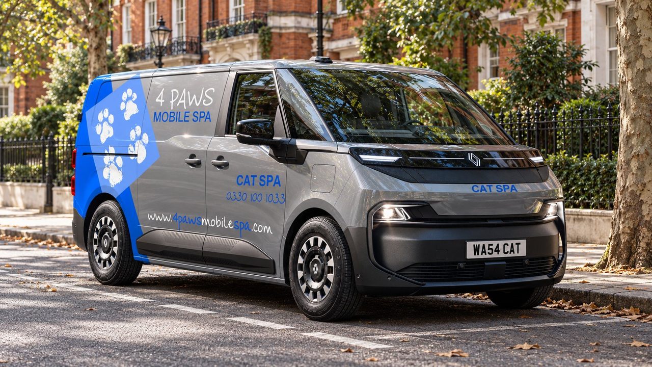 A 4 Paws Mobile Cat Spa on a London street, front three-quarter view