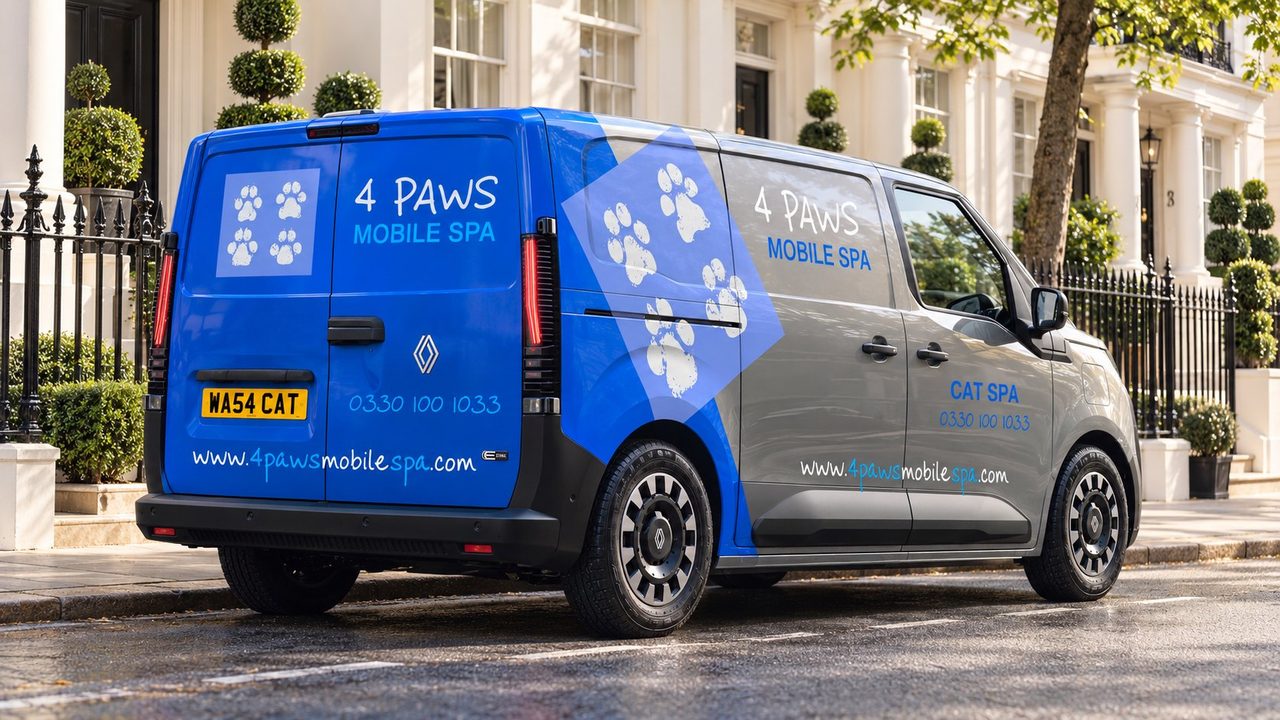 A 4 Paws Mobile Cat Spa on a London street, rear three-quarter view