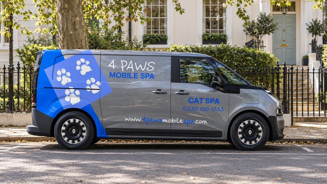 A 4 Paws Mobile Cat Spa on a London street, side view