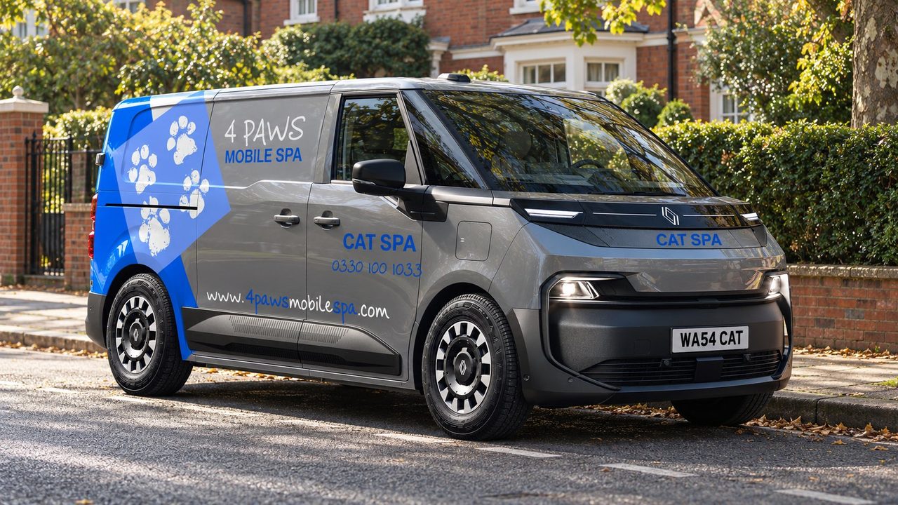 A 4 Paws Mobile Cat Spa outside a red-brick London villa