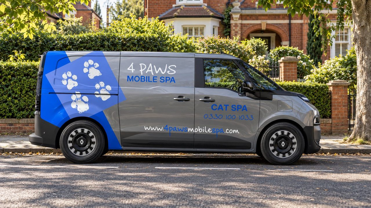 A 4 Paws Mobile Cat Spa on a London street, side view